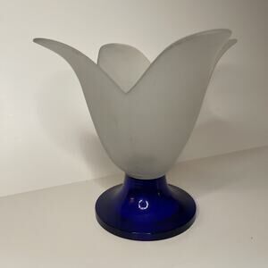 COBALT BLUE GLASS Tulip/Lily Shape Vase FROSTED WHITE Planter CANDLE HOLDER